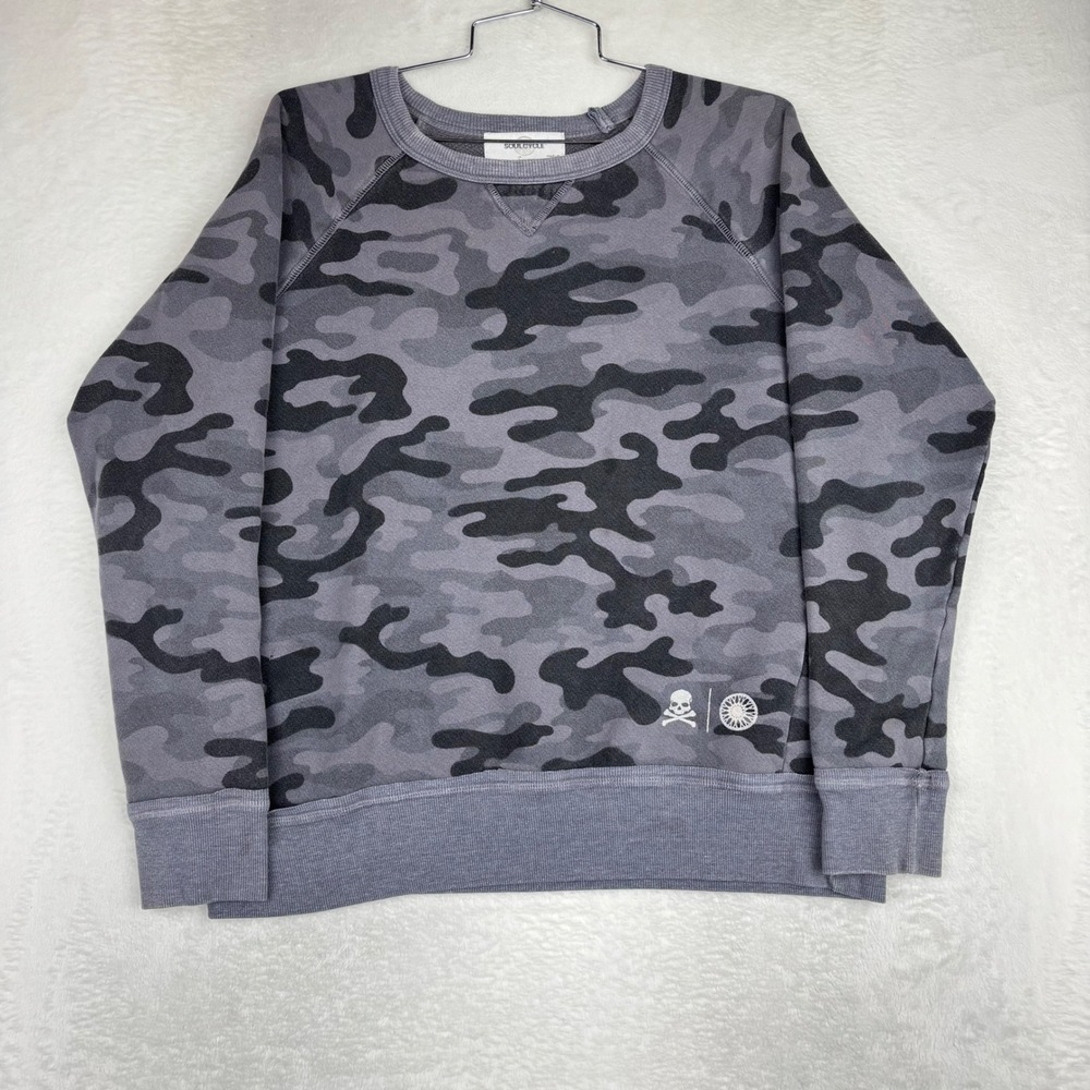 SoulCycle Mens Grey Camo Crewneck Sweatshirt Skull Logo Graphic Pullover Medium